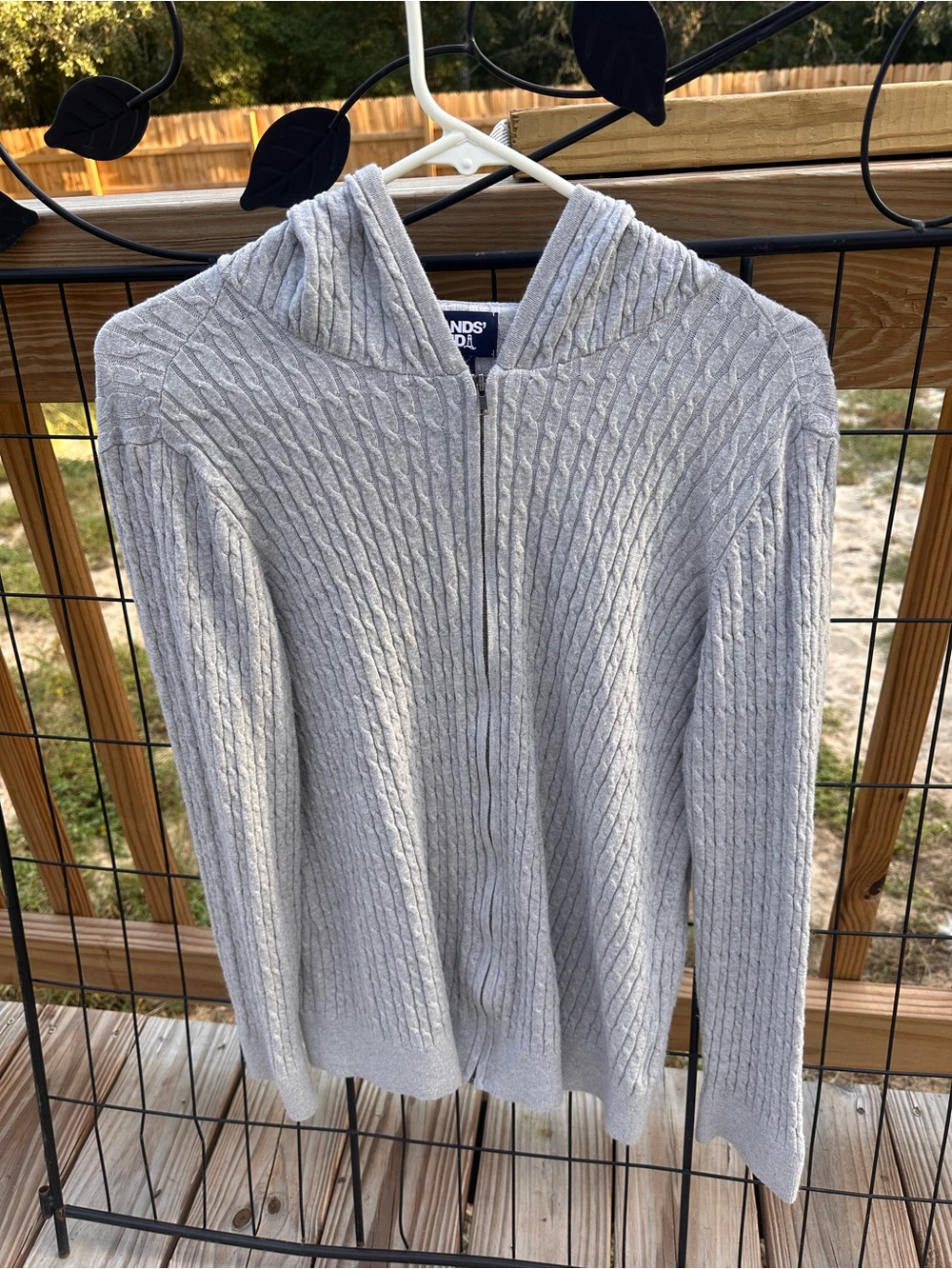 Lands' End Light Gray Cable-Knit Zip Hoodie